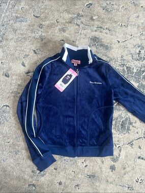 Juicy Couture Navy Velour Zip Track Jacket with White Trim